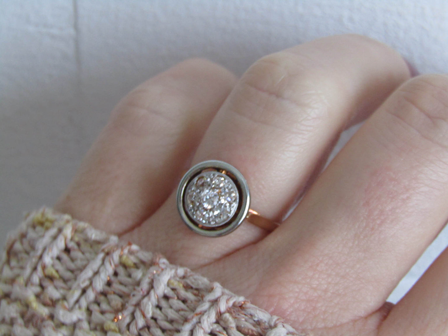 French 18K Gold Diamond Pave Halo Ring, Antique French Art Deco Ring c. 1910