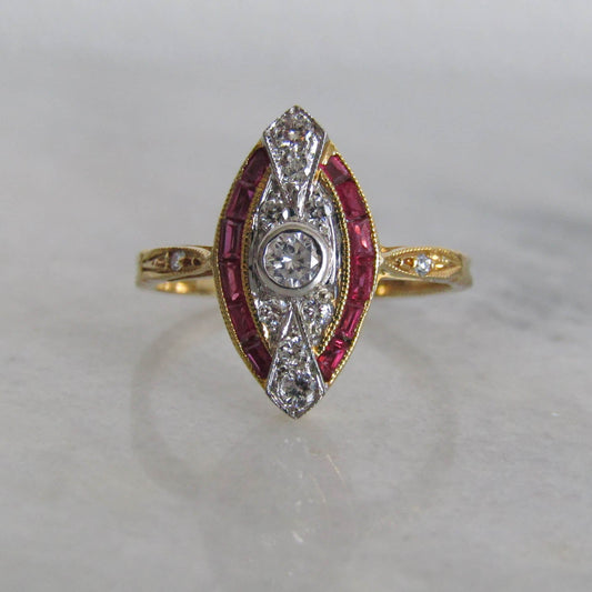 French Art Deco 18K Solid Gold Diamond Ring with Calibrated Rubies, Belle Epoque Engagment Ring c.1920