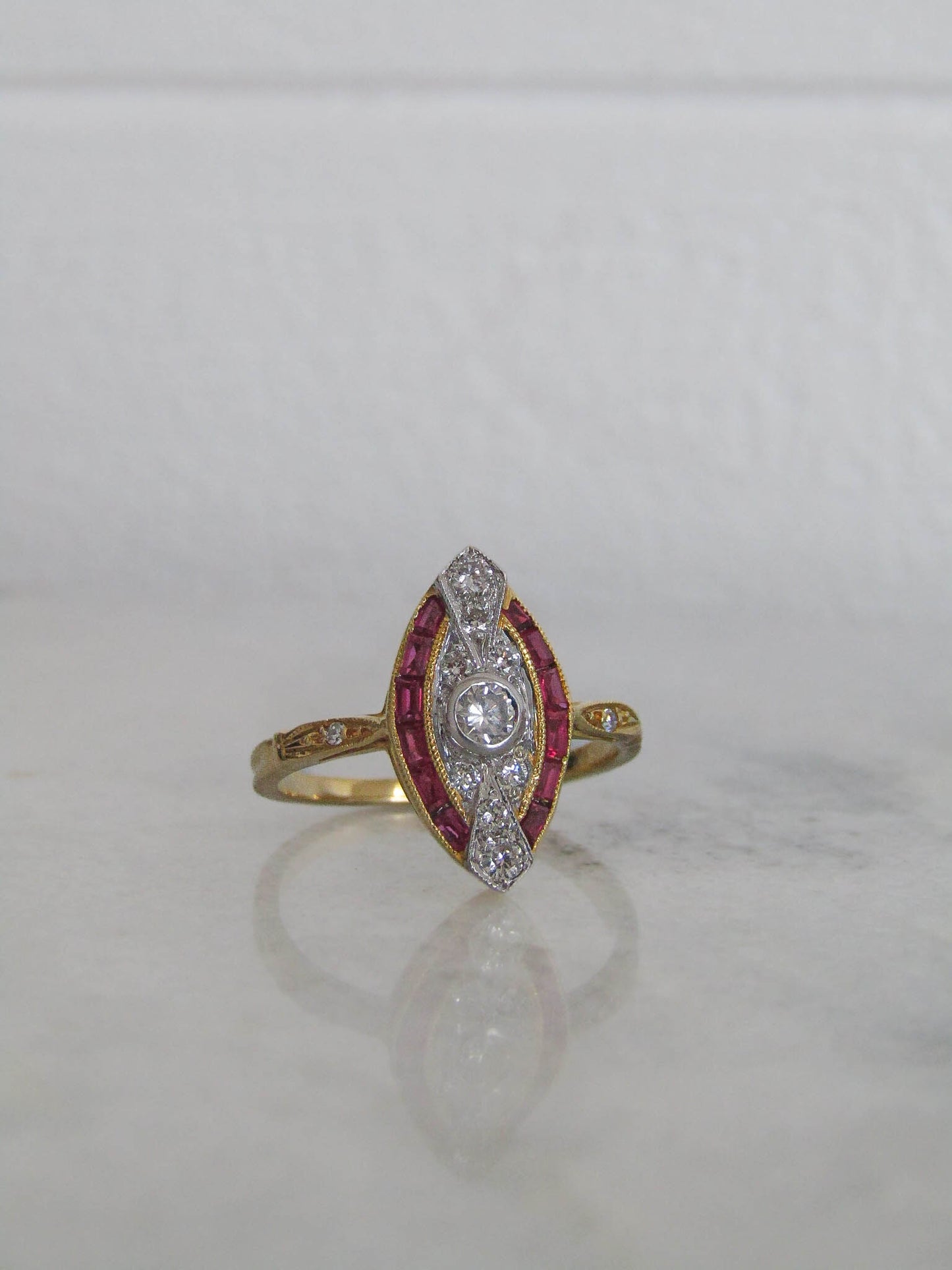 French Art Deco 18K Solid Gold Diamond Ring with Calibrated Rubies, Belle Epoque Engagment Ring c.1920