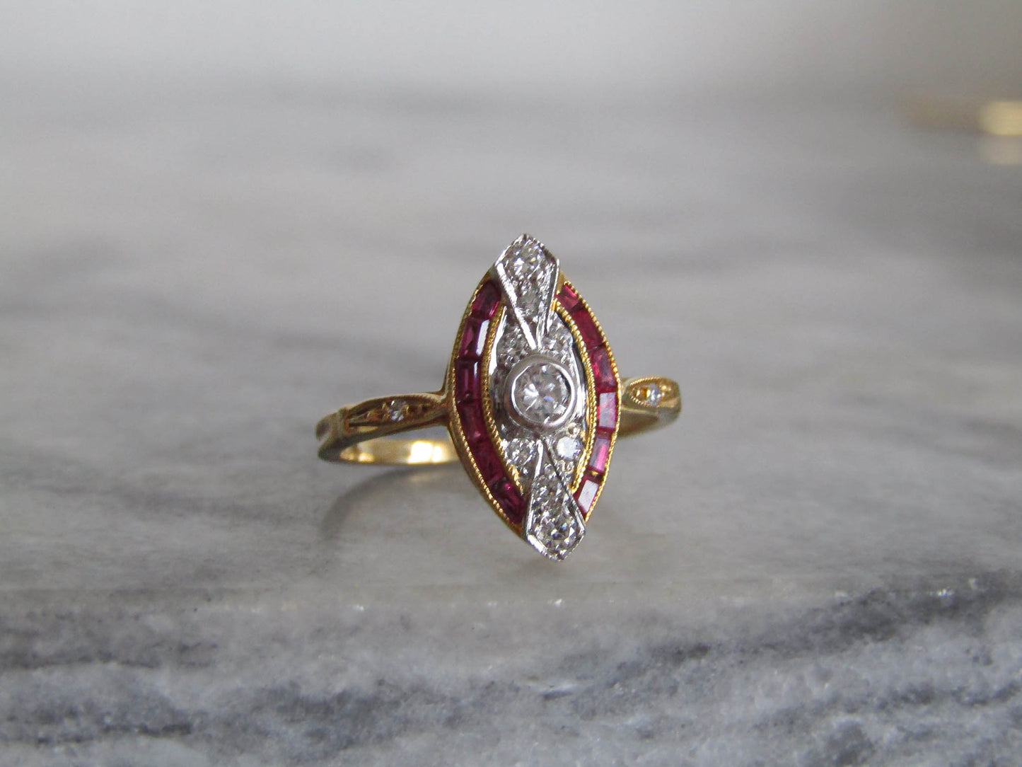 French Art Deco 18K Solid Gold Diamond Ring with Calibrated Rubies, Belle Epoque Engagment Ring c.1920