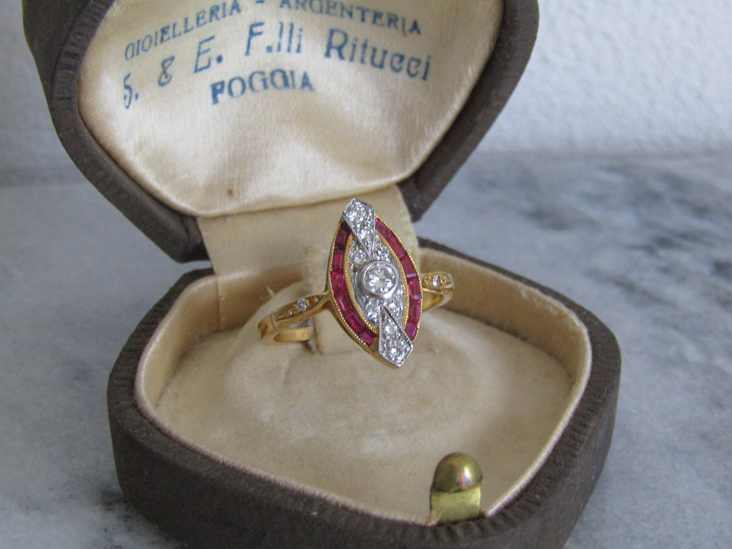 French Art Deco 18K Solid Gold Diamond Ring with Calibrated Rubies, Belle Epoque Engagment Ring c.1920