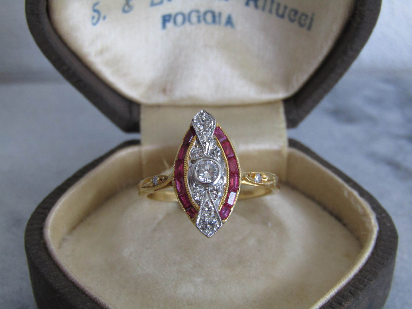 French Art Deco 18K Solid Gold Diamond Ring with Calibrated Rubies, Belle Epoque Engagment Ring c.1920