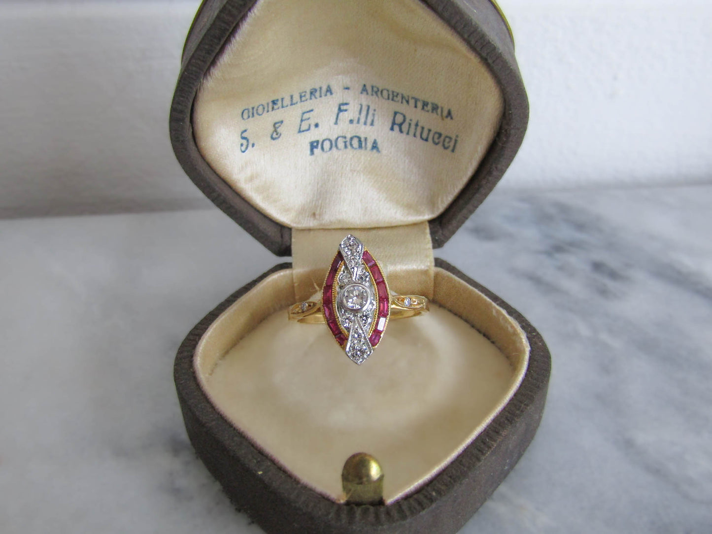 French Art Deco 18K Solid Gold Diamond Ring with Calibrated Rubies, Belle Epoque Engagment Ring c.1920