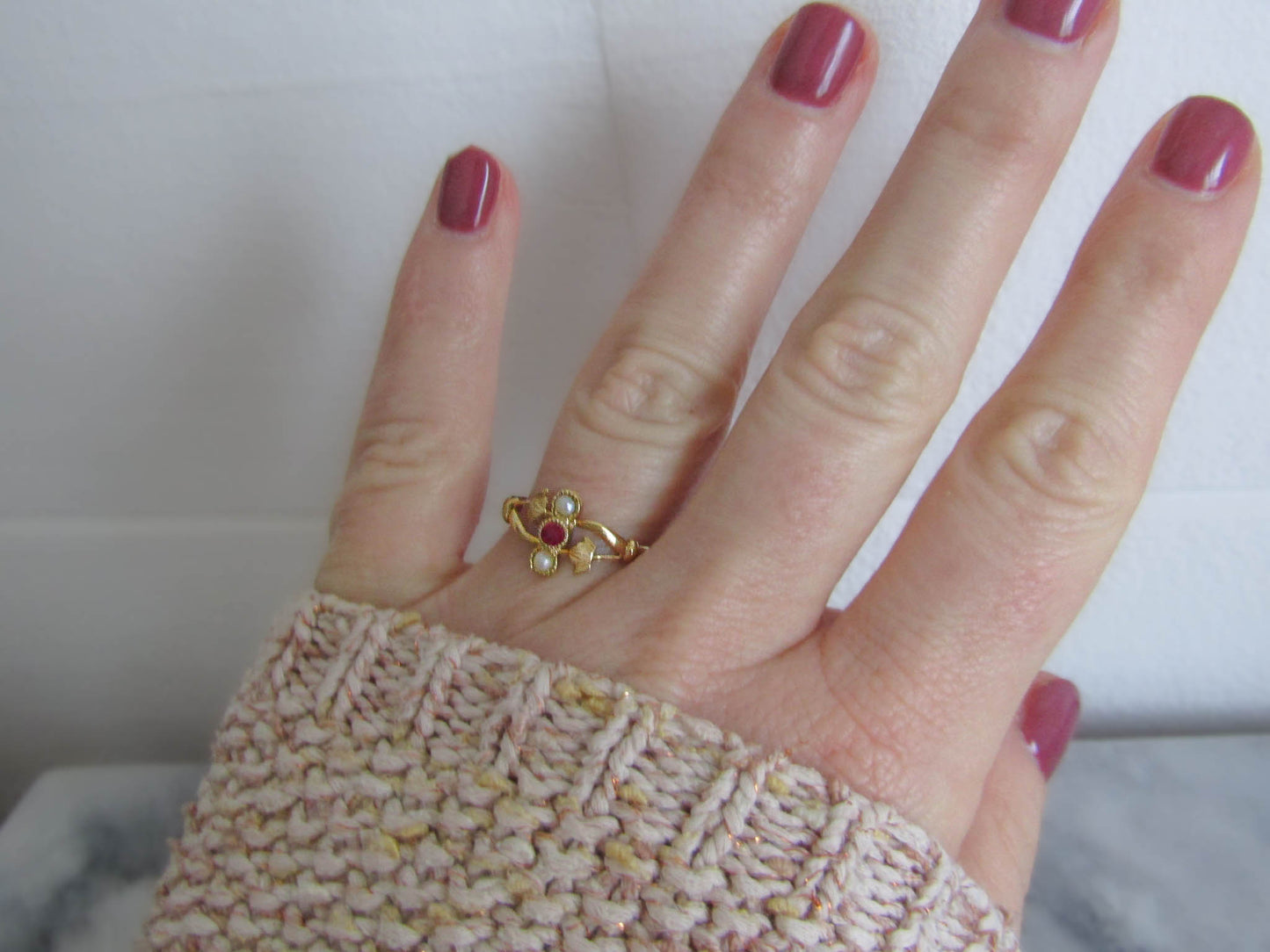 Antique Art Nouveau Garnet and Pearl Ring c. 1900