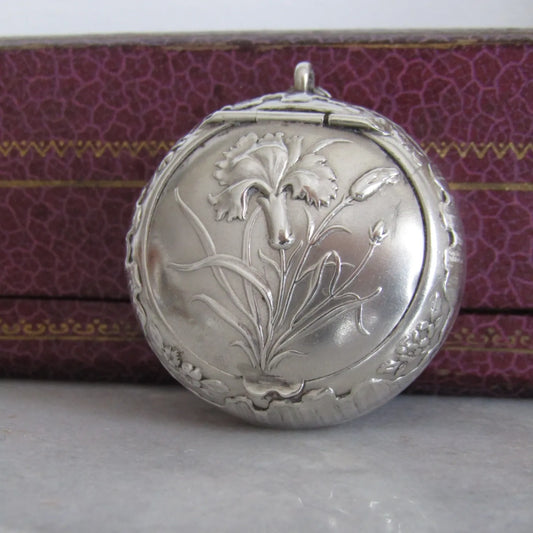 Art Nouveau French Silver Powderbox Pendant, Antique French Prudent QUITTE Locket c. 1890