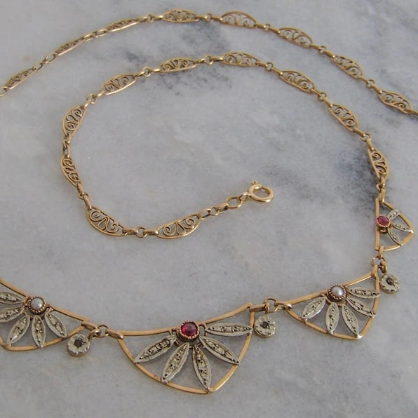 Antique 18K Gold Ruby and Diamond Chip Art Deco Necklace, Drapery Choker Necklace c. 1920