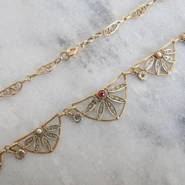 Antique 18K Gold Ruby and Diamond Chip Art Deco Necklace, Drapery Choker Necklace c. 1920