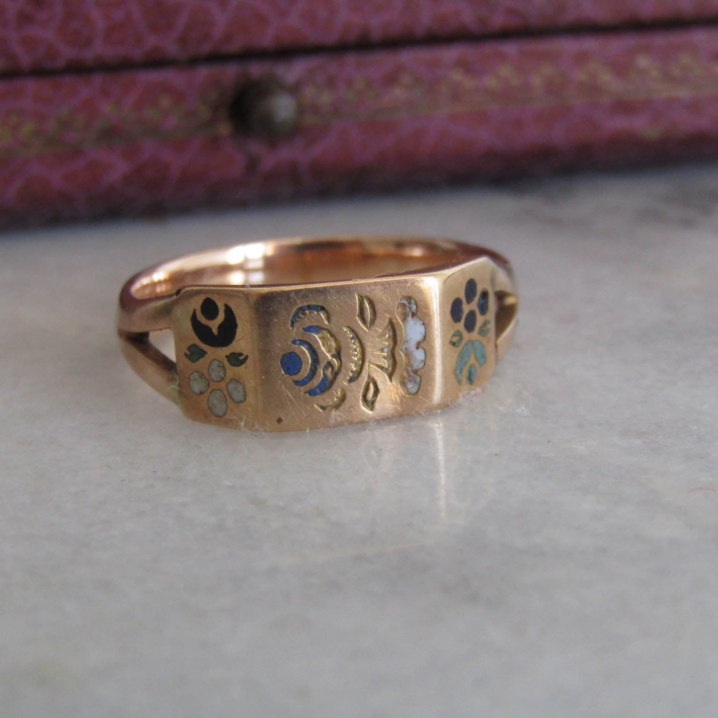 Antique 18K Solid Gold, Enamel French Regional Engagement Ring XIX Century