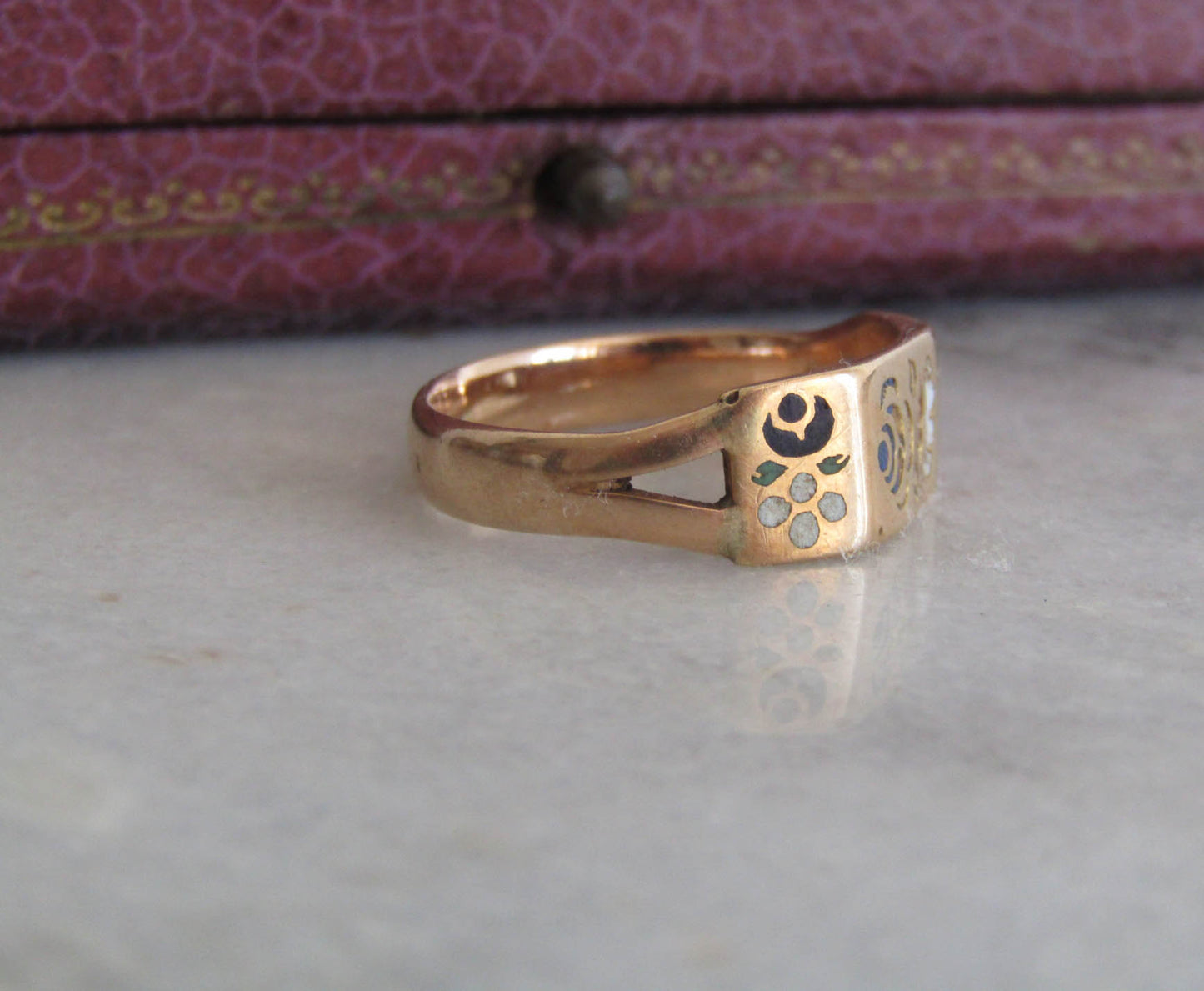 Antique 18K Solid Gold, Enamel French Regional Engagement Ring XIX Century