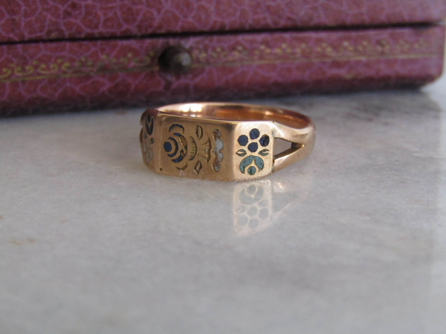 Antique 18K Solid Gold, Enamel French Regional Engagement Ring XIX Century