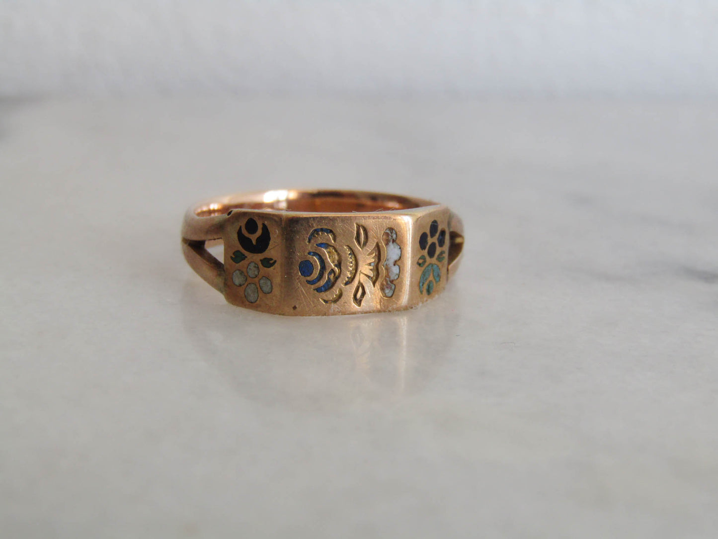 Antique 18K Solid Gold, Enamel French Regional Engagement Ring XIX Century