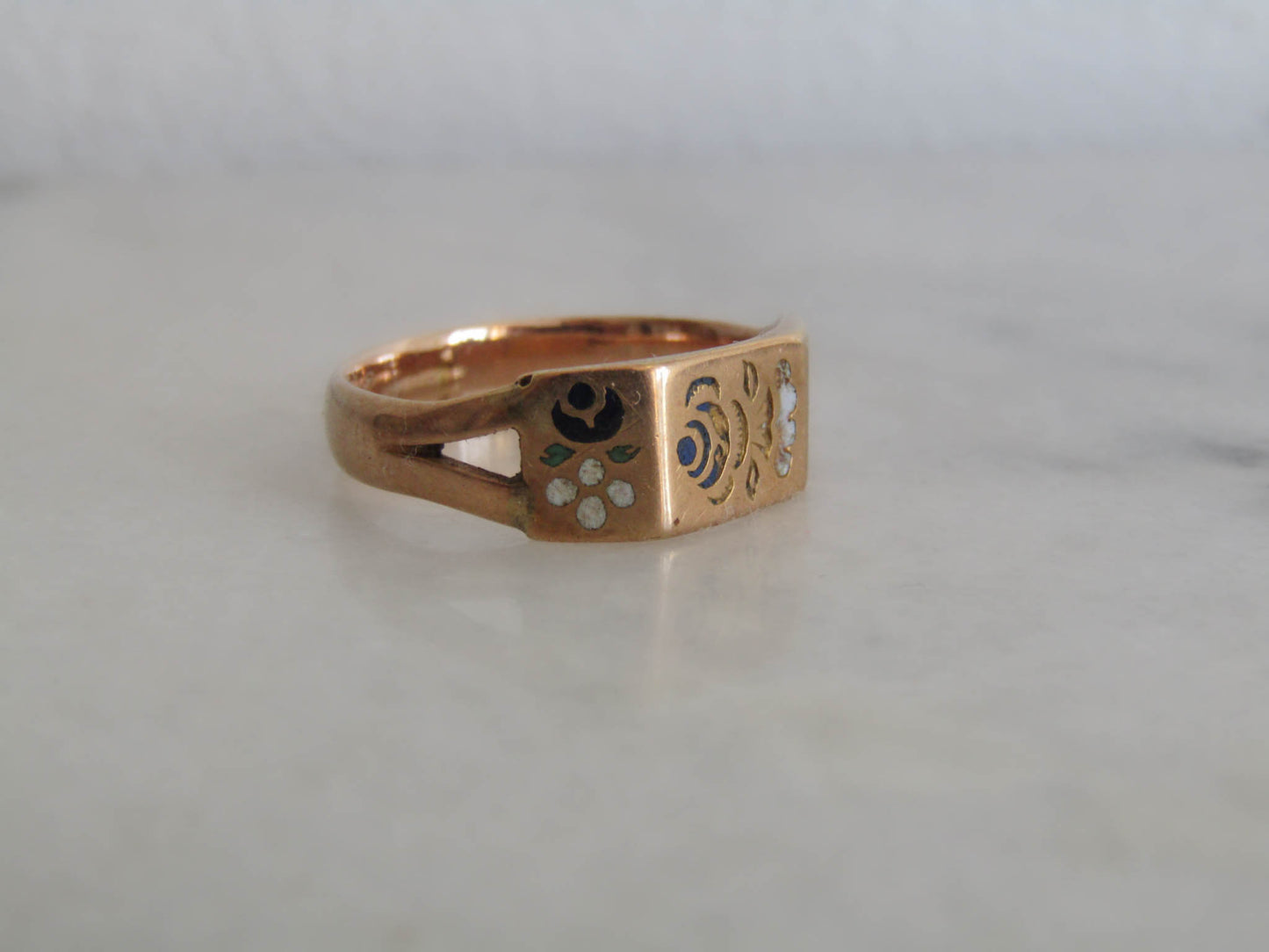 Antique 18K Solid Gold, Enamel French Regional Engagement Ring XIX Century