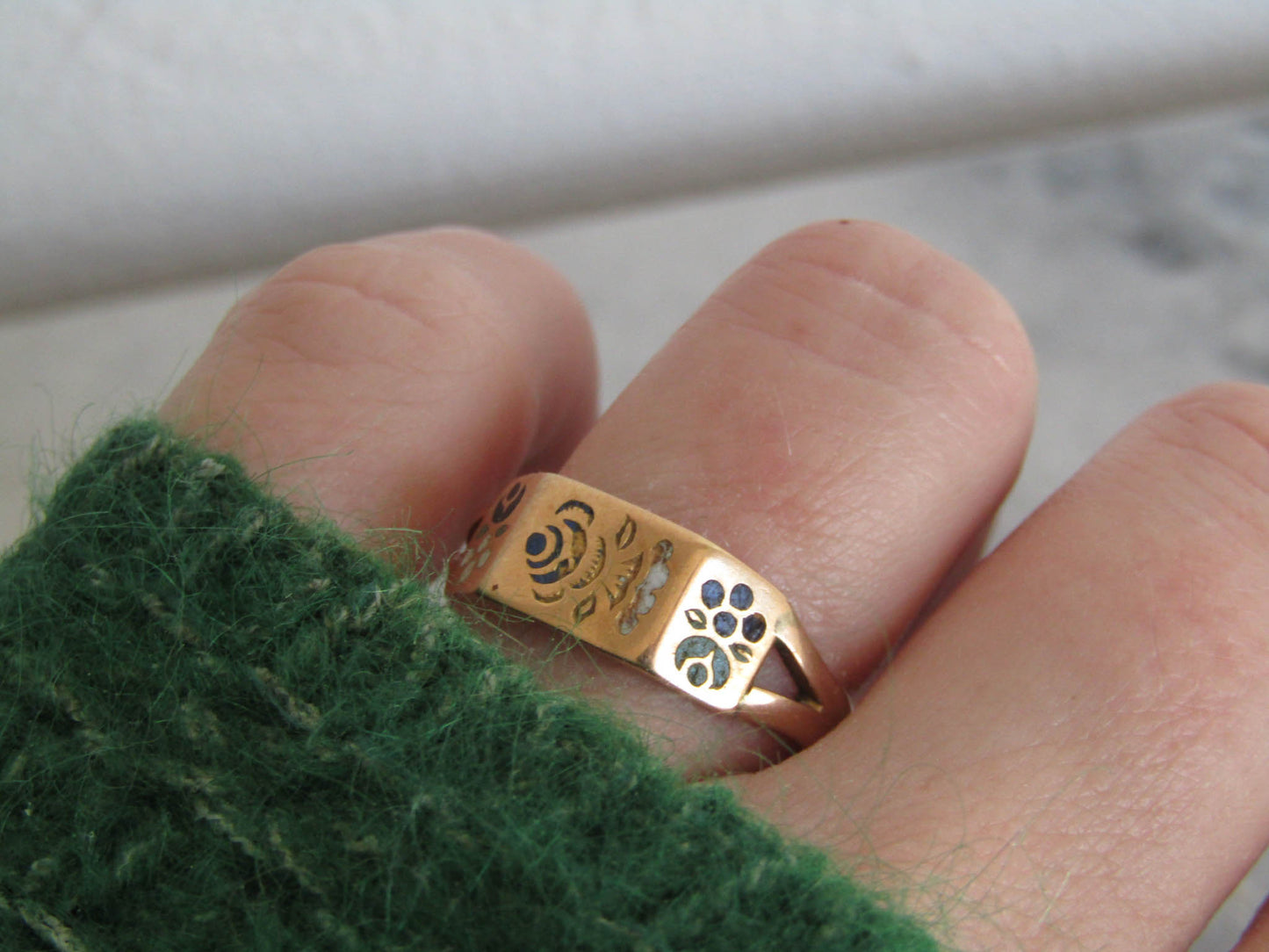 Antique 18K Solid Gold, Enamel French Regional Engagement Ring XIX Century