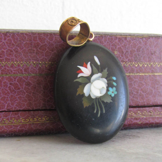 Antique 18K Gold and Silver Pietra Dura Sentimental Locket