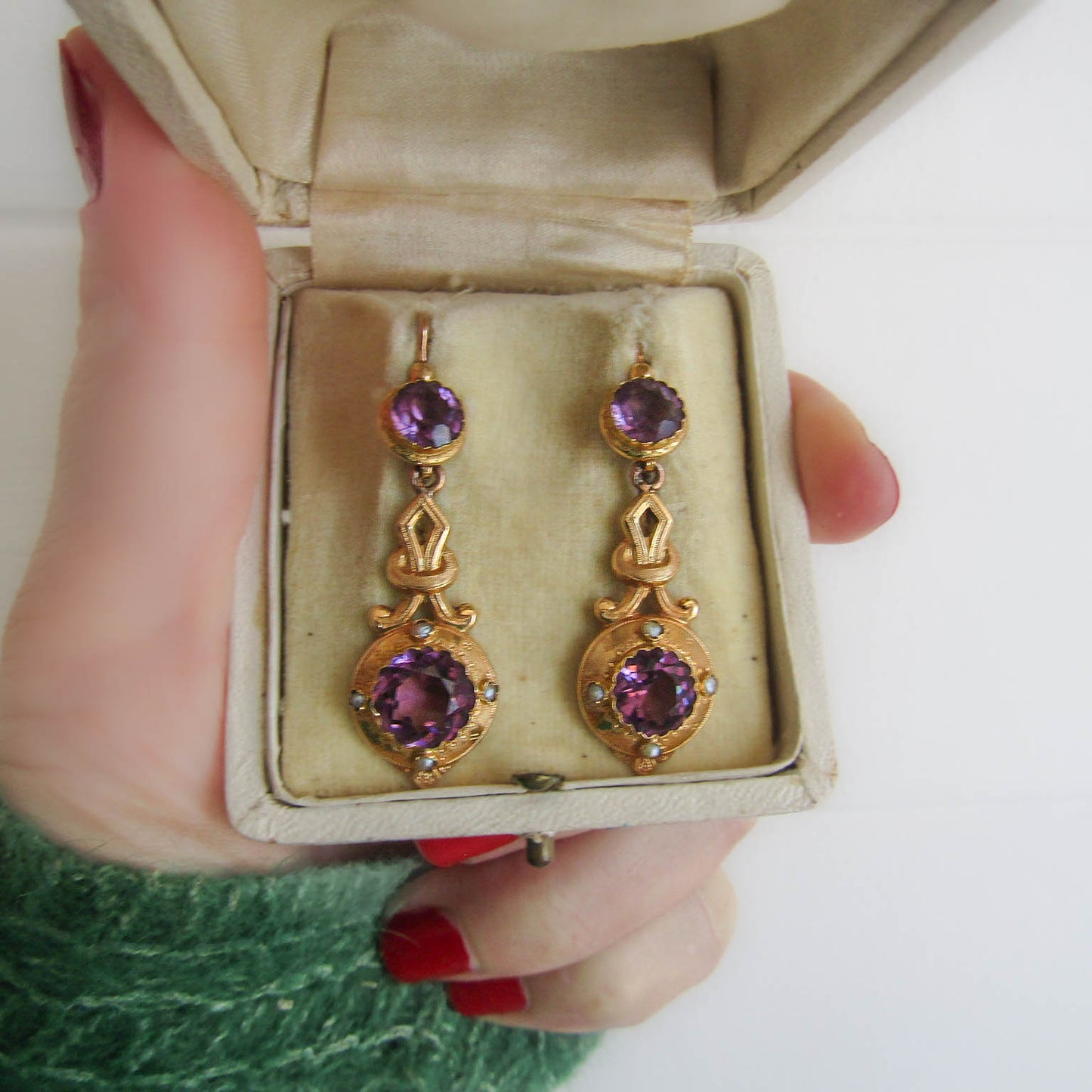 Antique Napoleon III French Amethyst Paste Etruscan Revival Earrings c. 1880