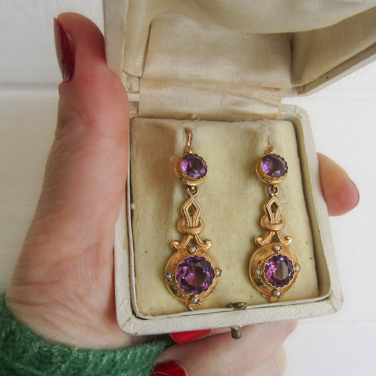 Antique Napoleon III French Amethyst Paste Etruscan Revival Earrings c. 1880