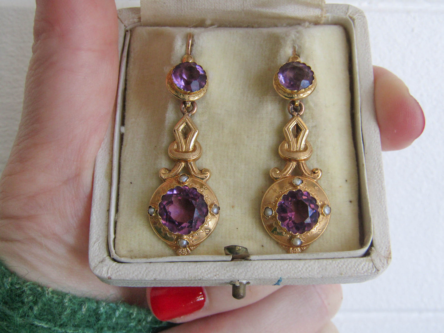 Antique Napoleon III French Amethyst Paste Etruscan Revival Earrings c. 1880