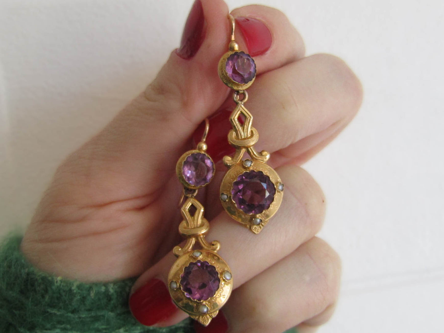 Antique Napoleon III French Amethyst Paste Etruscan Revival Earrings c. 1880