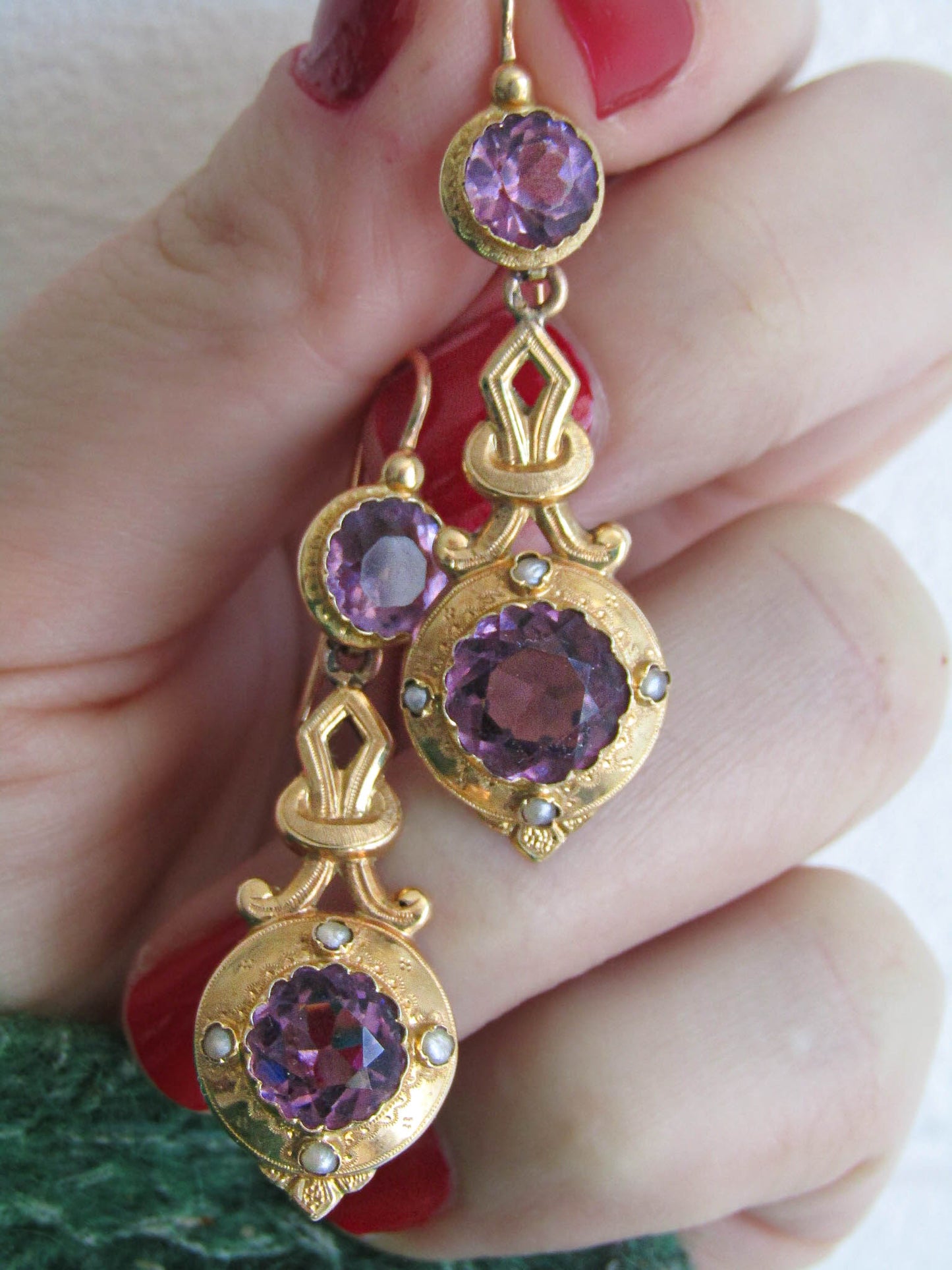 Antique Napoleon III French Amethyst Paste Etruscan Revival Earrings c. 1880