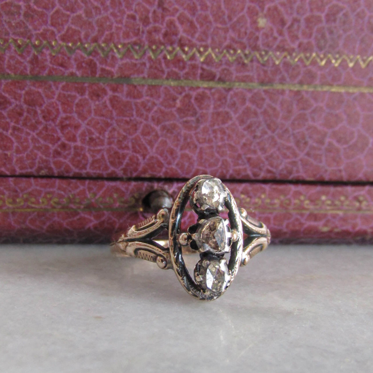 Antique Georgian Three Stone Rose Cut Diamond Ring c. 1830