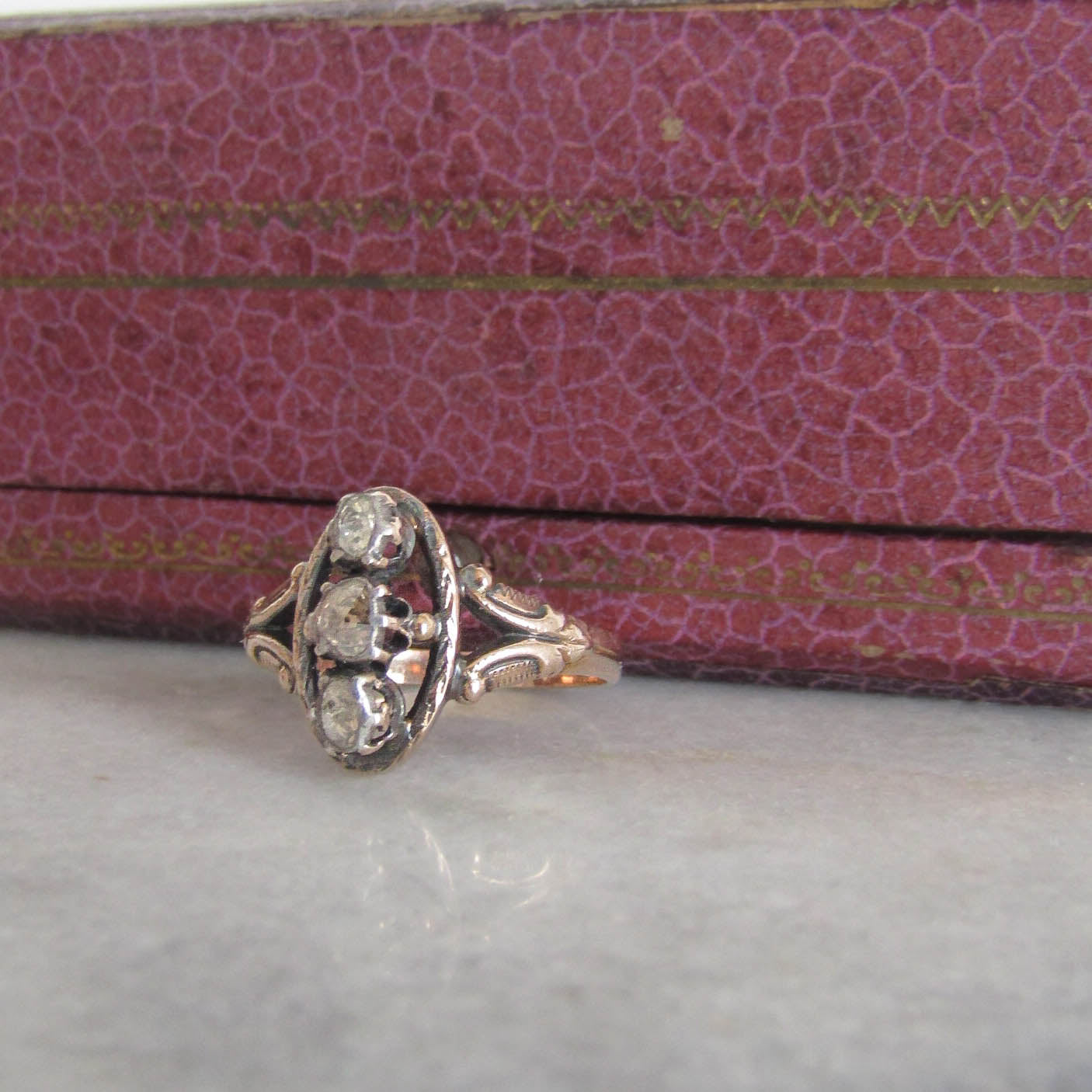 Antique Georgian Three Stone Rose Cut Diamond Ring c. 1830
