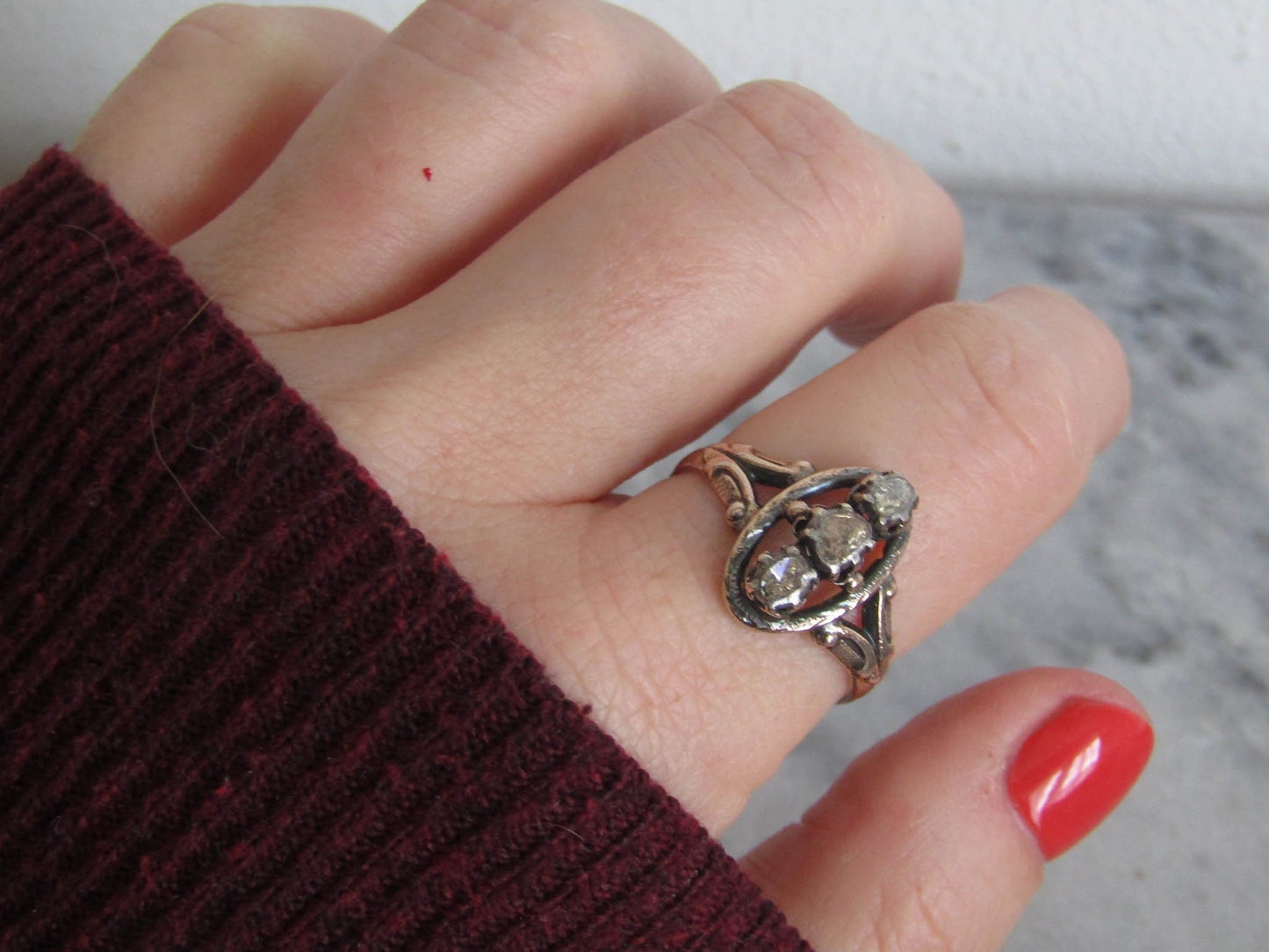 Antique Georgian Three Stone Rose Cut Diamond Ring c. 1830
