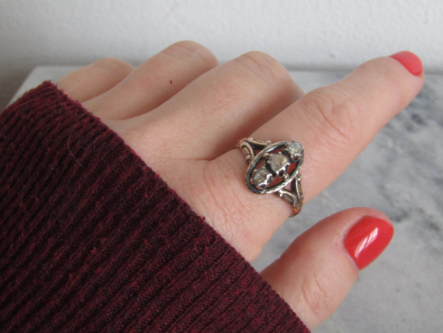 Antique Georgian Three Stone Rose Cut Diamond Ring c. 1830