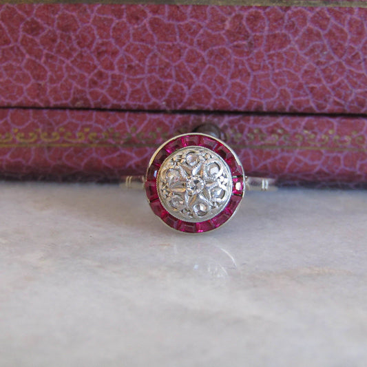 18K Art Deco Rose Cut Diamond and Ruby Halo Ring, Antique French White Gold Antique Ring with Diamonds and Rubies c. 1920
