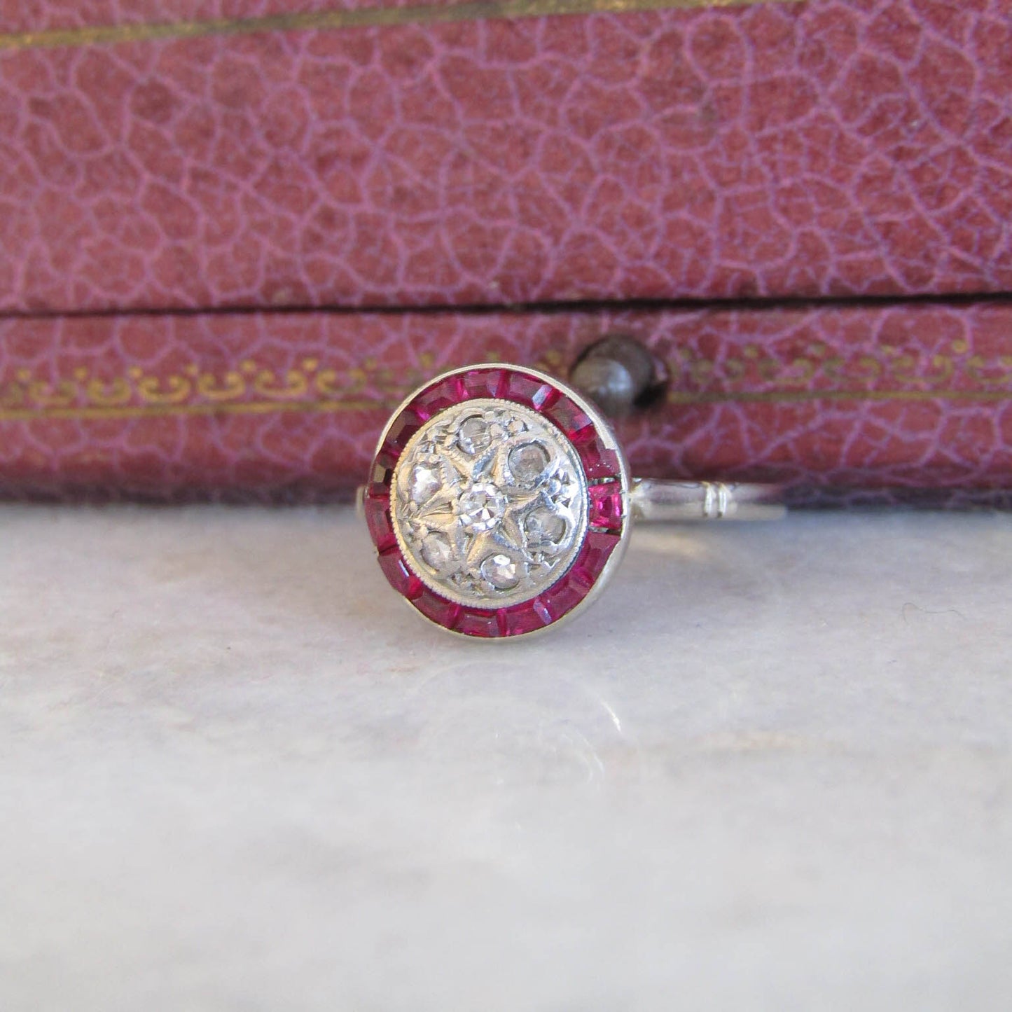 18K Art Deco Rose Cut Diamond and Ruby Halo Ring, Antique French White Gold Antique Ring with Diamonds and Rubies c. 1920