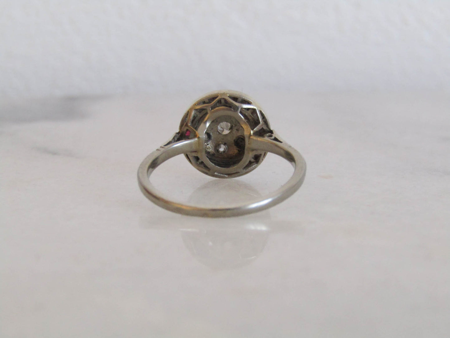 18K Art Deco Rose Cut Diamond and Ruby Halo Ring, Antique French White Gold Antique Ring with Diamonds and Rubies c. 1920