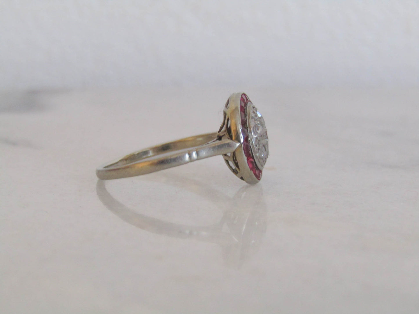 18K Art Deco Rose Cut Diamond and Ruby Halo Ring, Antique French White Gold Antique Ring with Diamonds and Rubies c. 1920