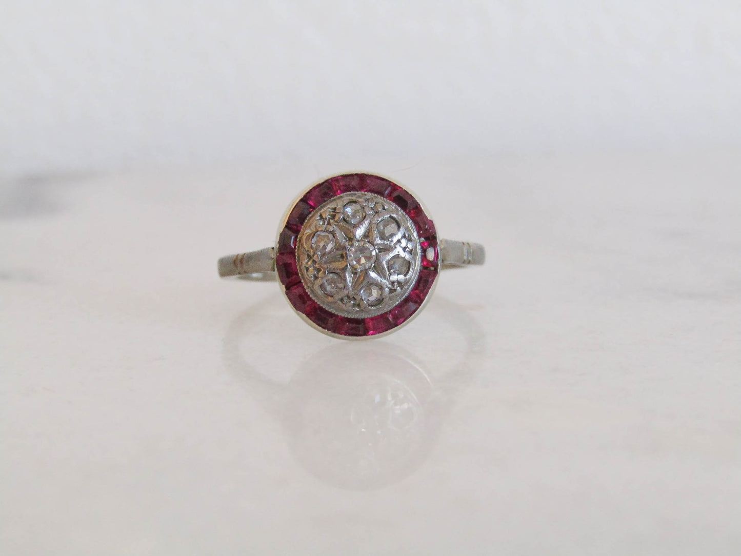 18K Art Deco Rose Cut Diamond and Ruby Halo Ring, Antique French White Gold Antique Ring with Diamonds and Rubies c. 1920