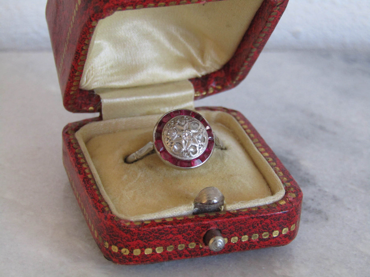 18K Art Deco Rose Cut Diamond and Ruby Halo Ring, Antique French White Gold Antique Ring with Diamonds and Rubies c. 1920