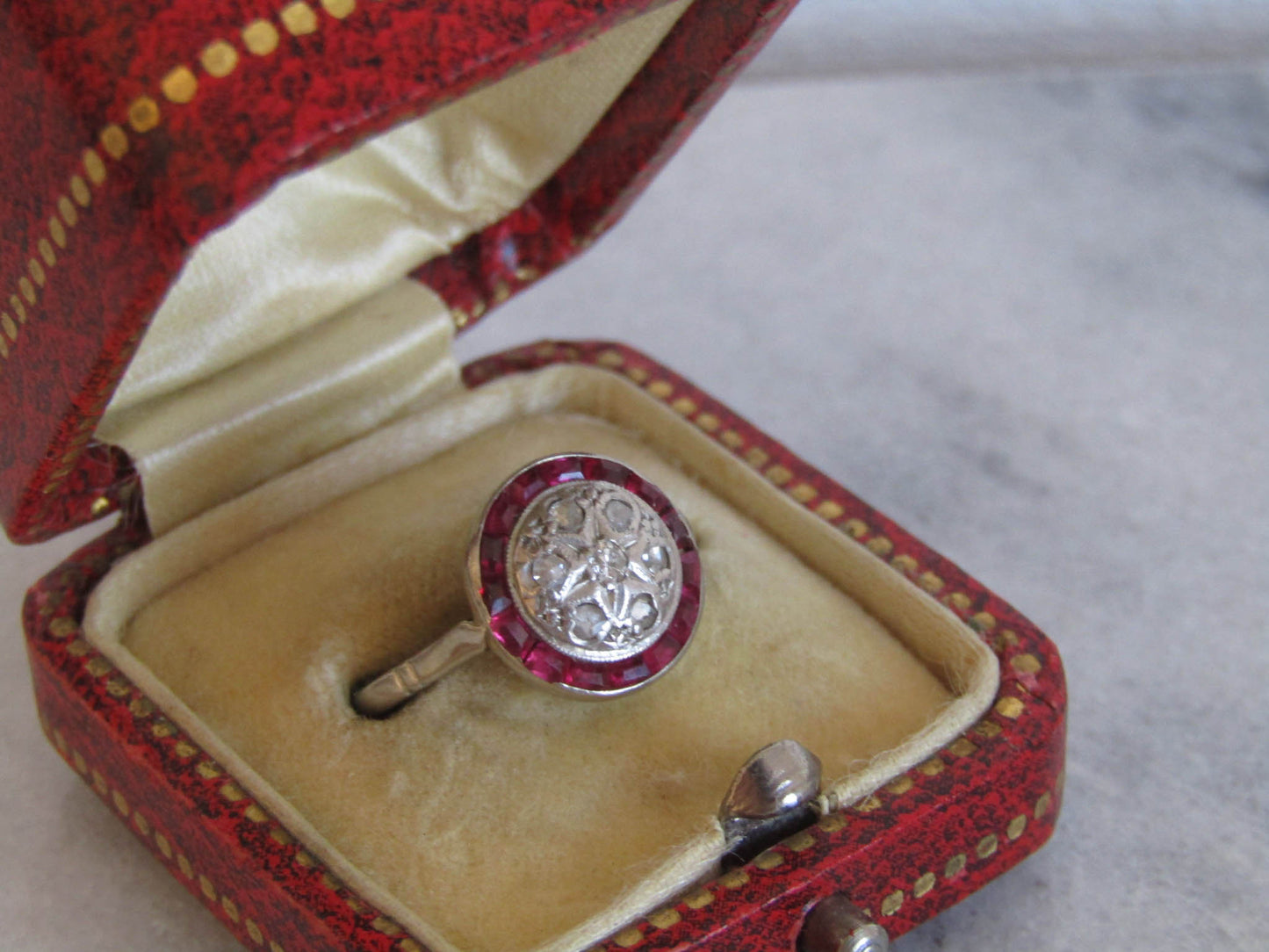 18K Art Deco Rose Cut Diamond and Ruby Halo Ring, Antique French White Gold Antique Ring with Diamonds and Rubies c. 1920