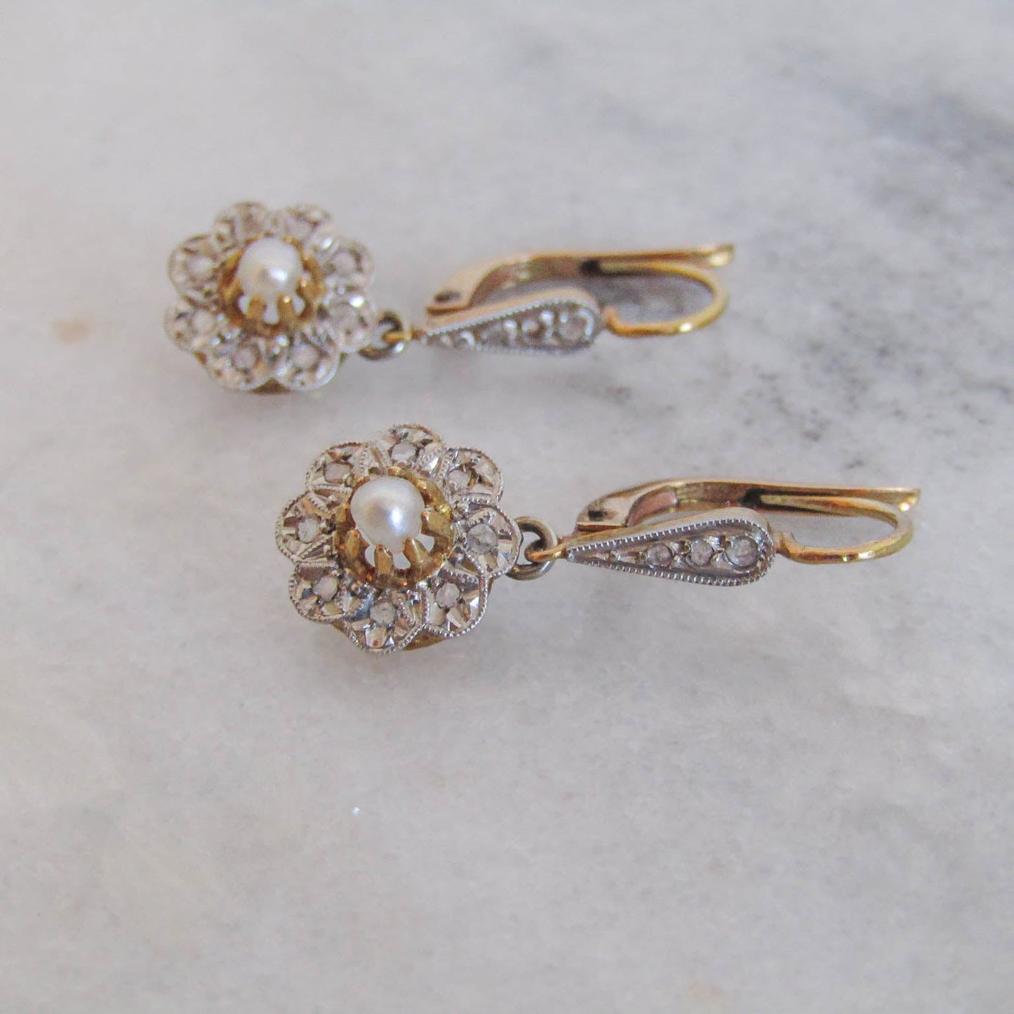 Antique Edwardian Diamond Chip Daisy Drop Earrings c. 1900