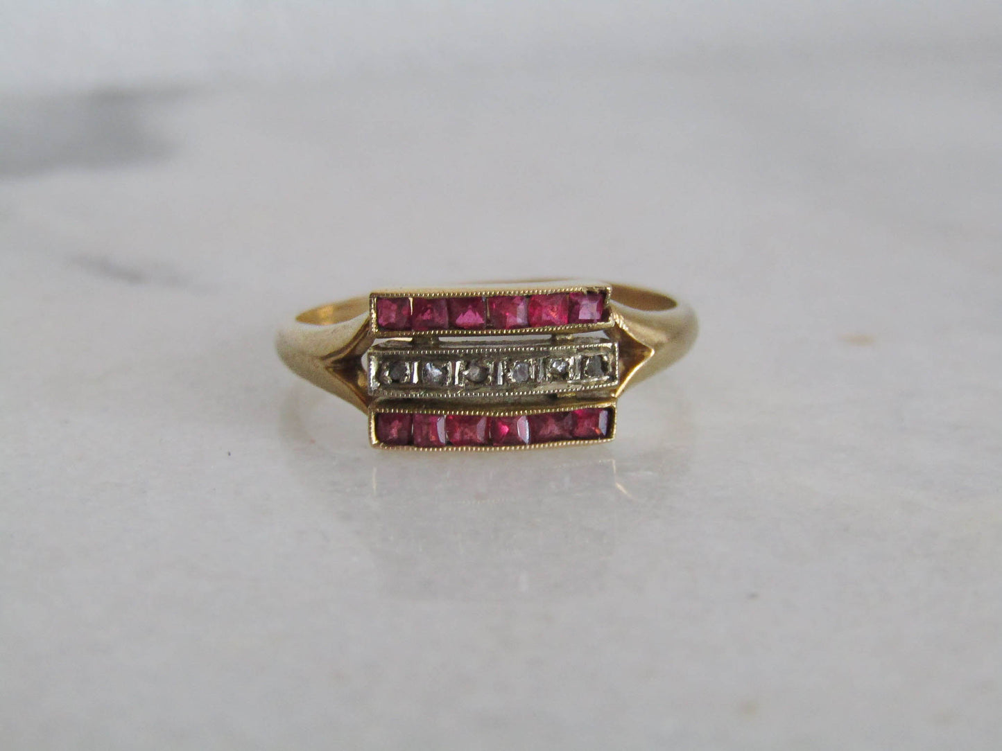 Vintage Art Deco Calibrated Ruby and Diamond Line Ring