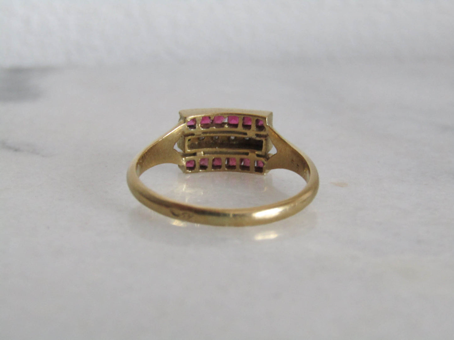 Vintage Art Deco Calibrated Ruby and Diamond Line Ring