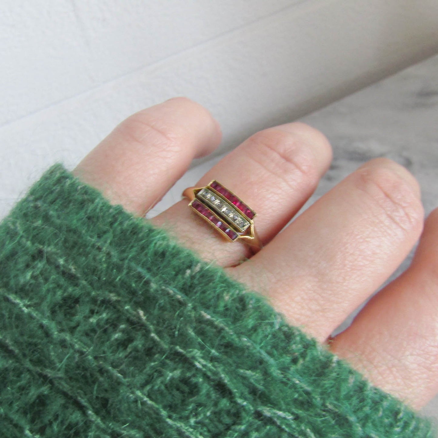 Vintage Art Deco Calibrated Ruby and Diamond Line Ring