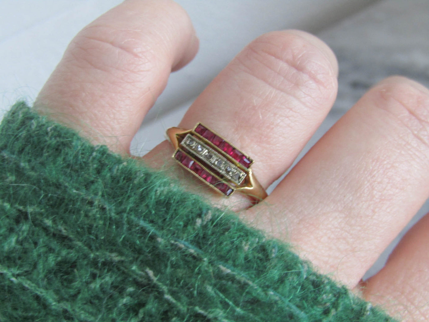 Vintage Art Deco Calibrated Ruby and Diamond Line Ring