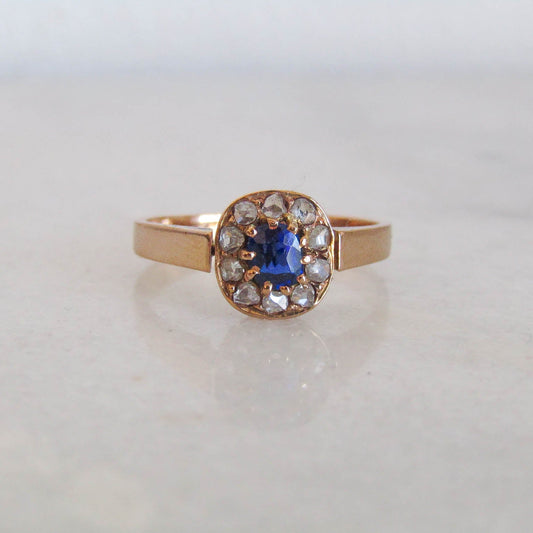 Antique Sapphire Paste and Diamond 14K Solid Gold Margeurite Daisy Pompadour Ring, Victorian Belle Epoque Engagement Ring