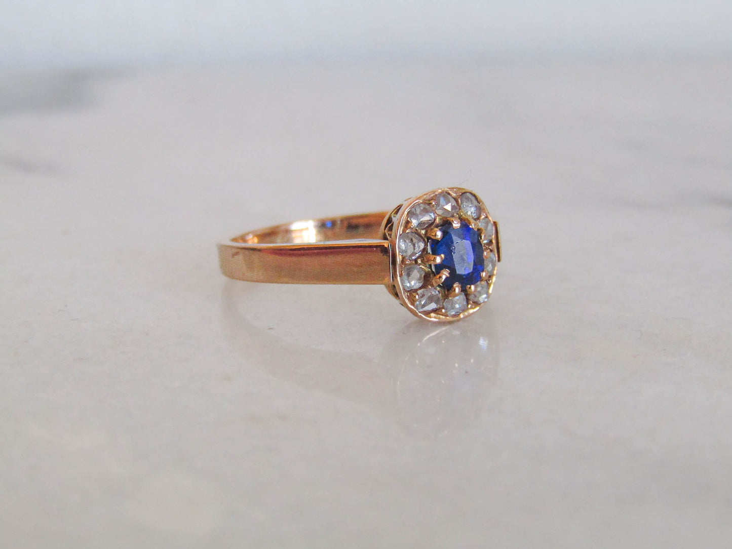 Antique Sapphire Paste and Diamond 14K Solid Gold Margeurite Daisy Pompadour Ring, Victorian Belle Epoque Engagement Ring