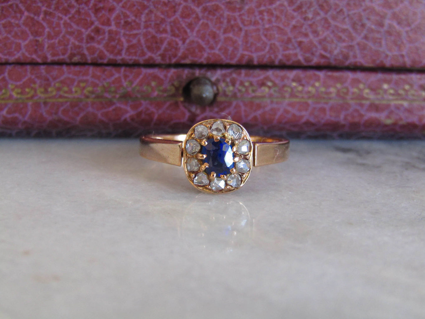 Antique Sapphire Paste and Diamond 14K Solid Gold Margeurite Daisy Pompadour Ring, Victorian Belle Epoque Engagement Ring