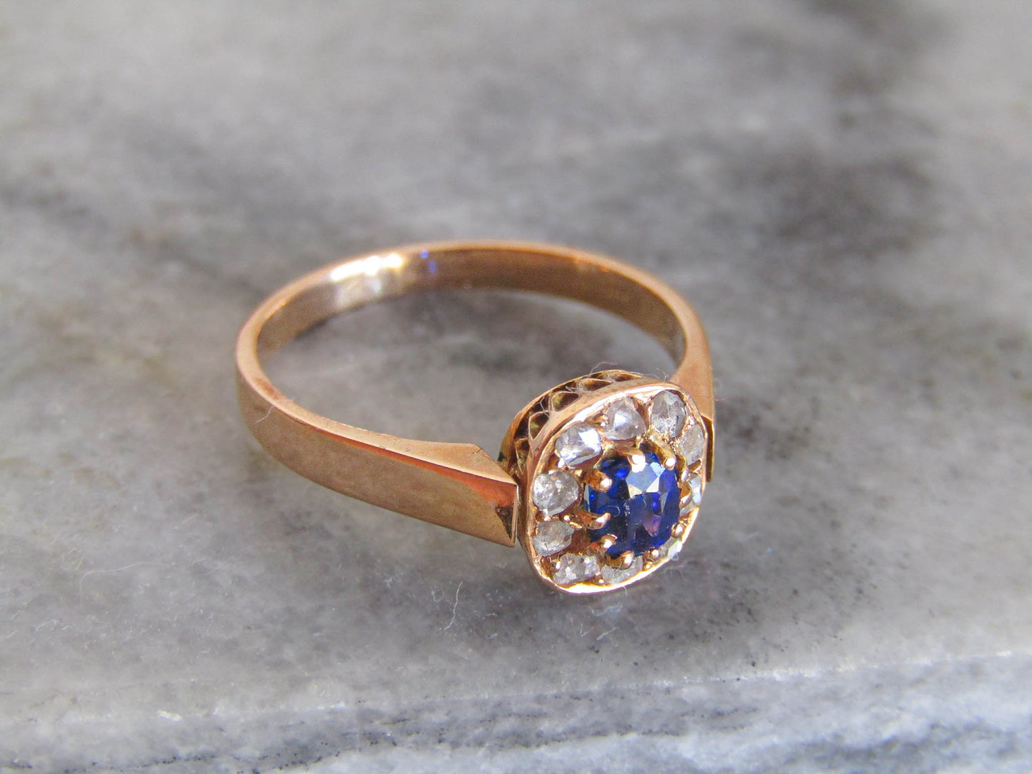 Antique Sapphire Paste and Diamond 14K Solid Gold Margeurite Daisy Pompadour Ring, Victorian Belle Epoque Engagement Ring
