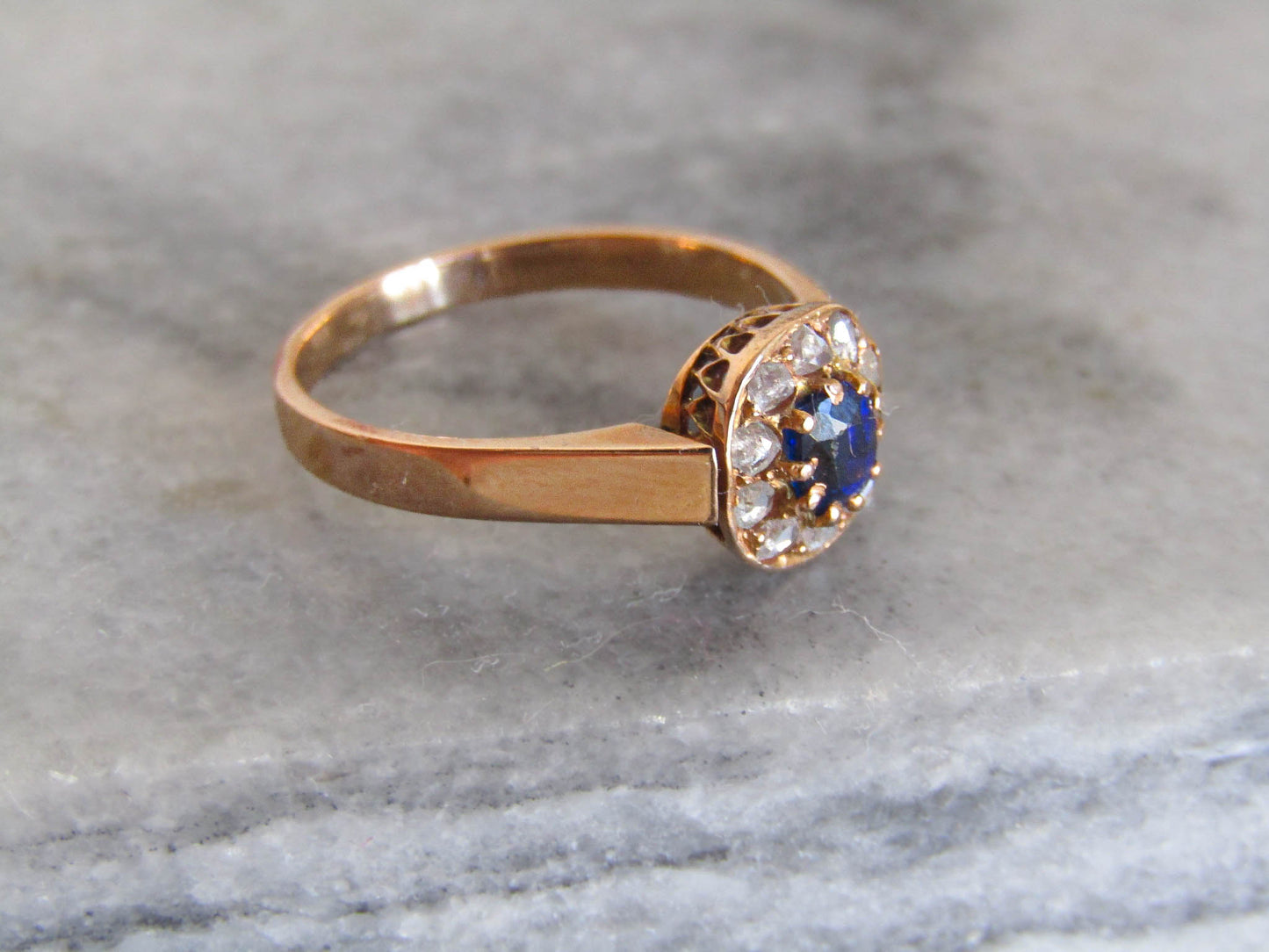 Antique Sapphire Paste and Diamond 14K Solid Gold Margeurite Daisy Pompadour Ring, Victorian Belle Epoque Engagement Ring