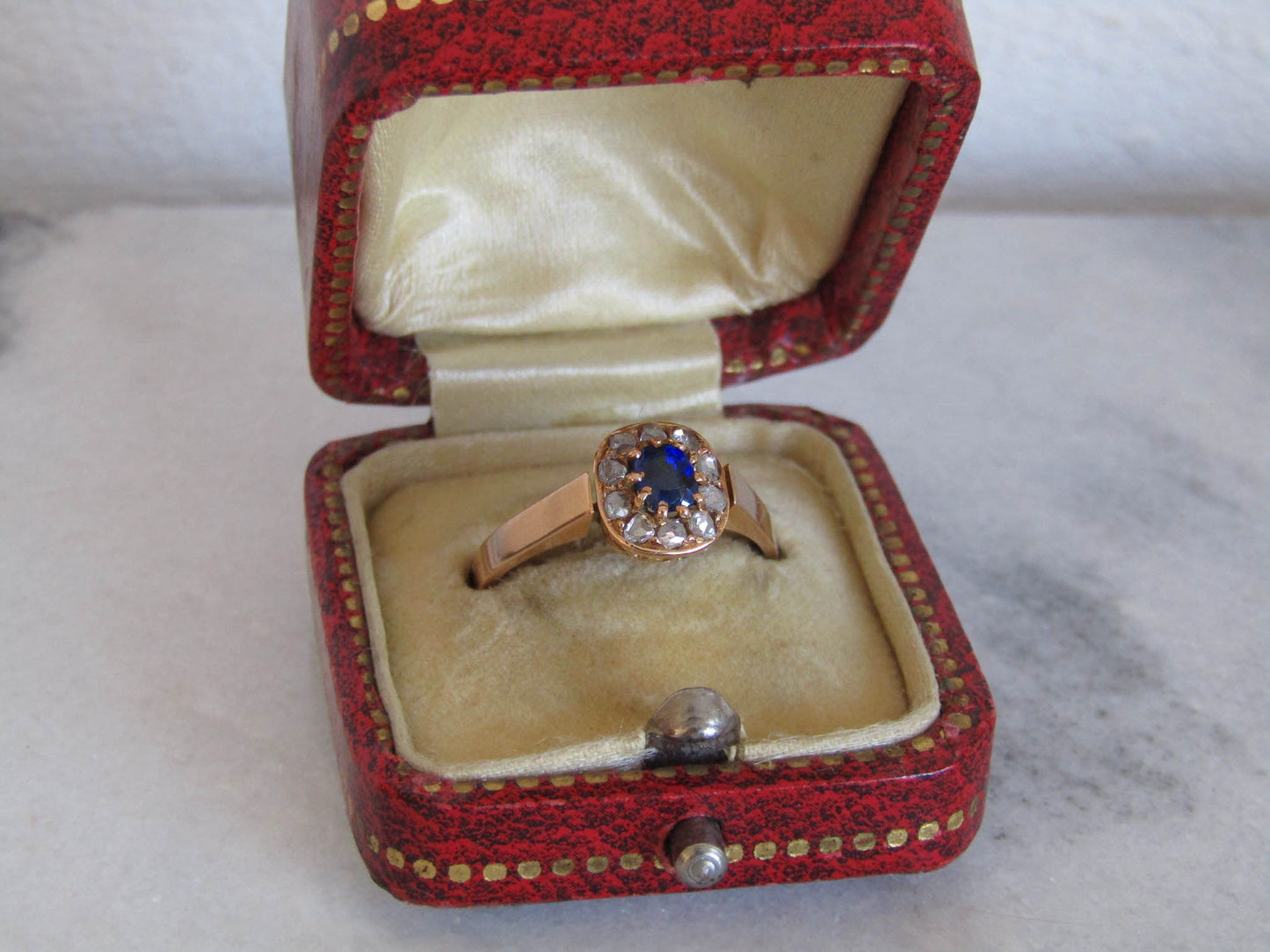 Antique Sapphire Paste and Diamond 14K Solid Gold Margeurite Daisy Pompadour Ring, Victorian Belle Epoque Engagement Ring