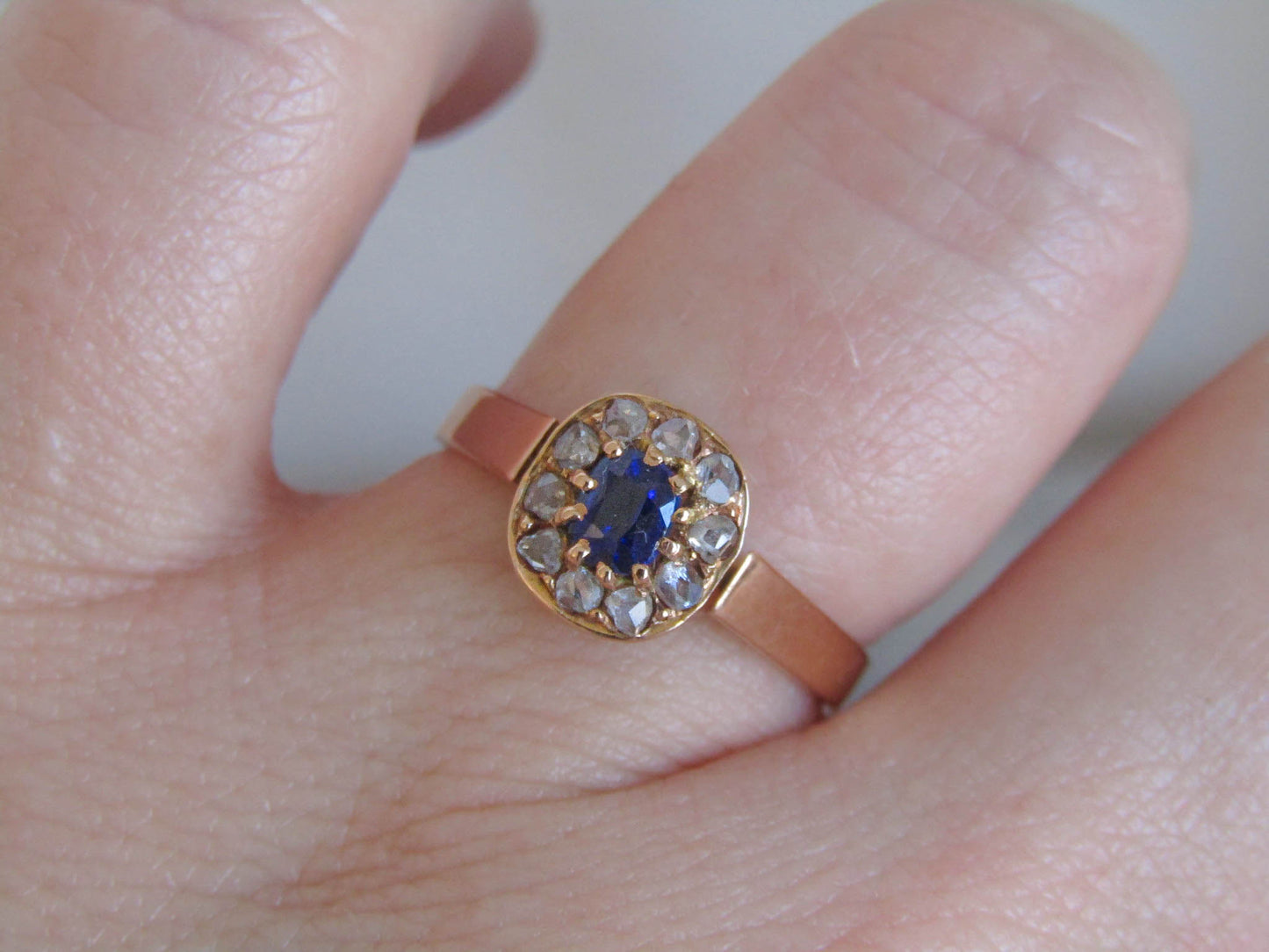Antique Sapphire Paste and Diamond 14K Solid Gold Margeurite Daisy Pompadour Ring, Victorian Belle Epoque Engagement Ring