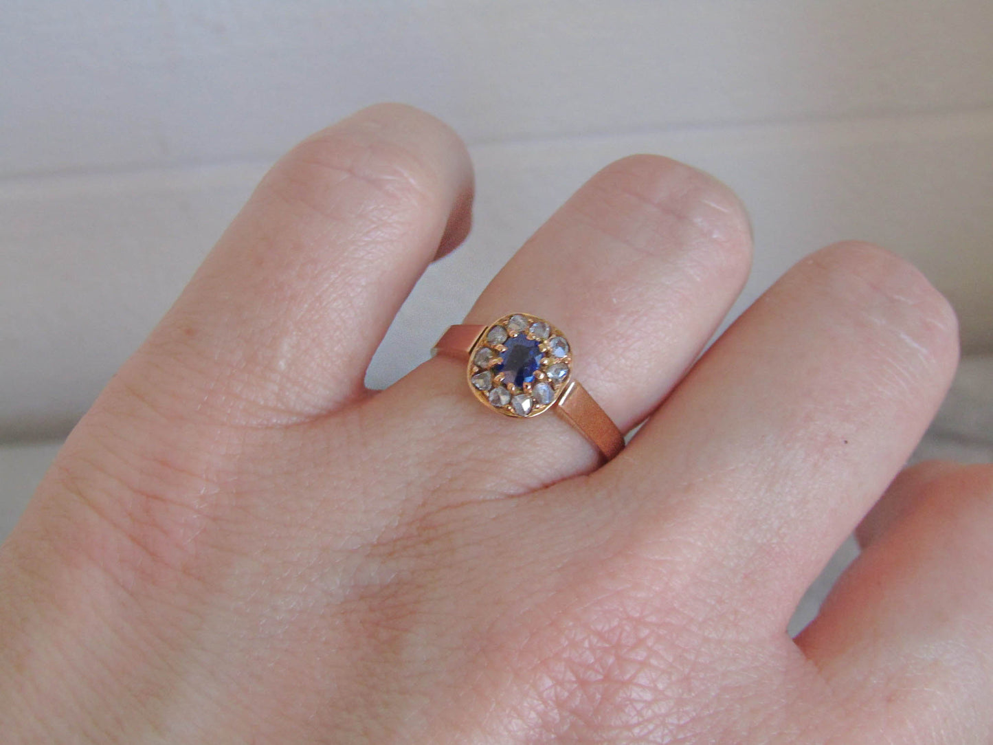 Antique Sapphire Paste and Diamond 14K Solid Gold Margeurite Daisy Pompadour Ring, Victorian Belle Epoque Engagement Ring