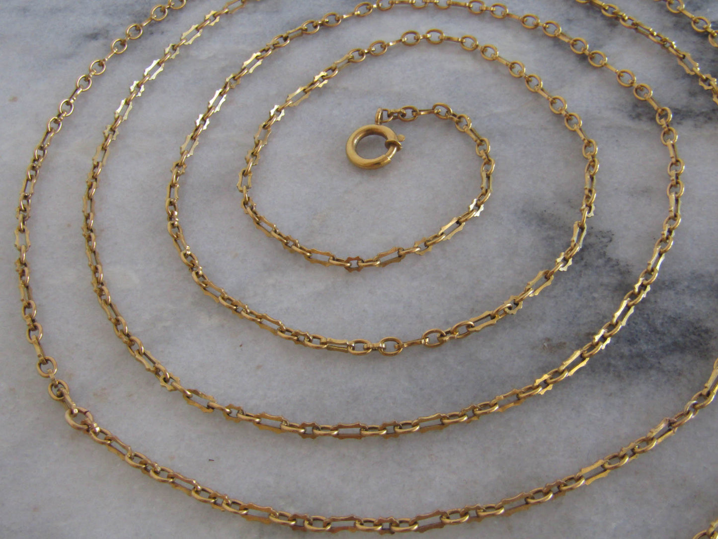 Antique 18K Solid Gold Belle Epoque French Fancy Long Guard Chain with Oversized Bolt Ring