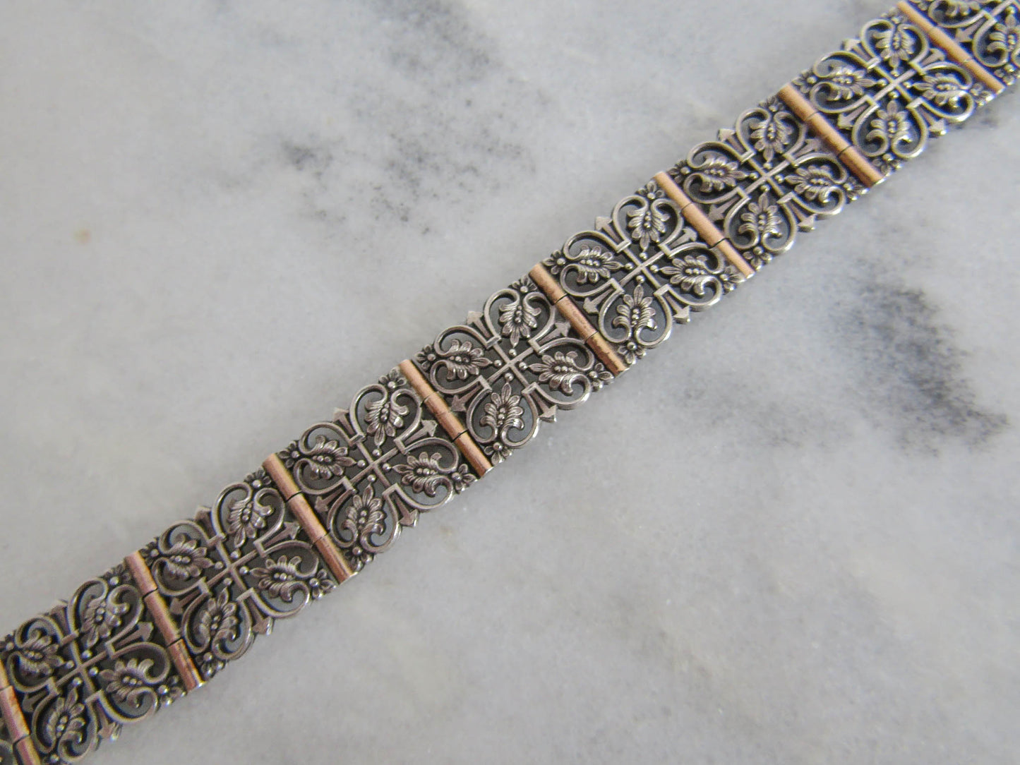 Antique French Silver Belle Epoque Link Bracelet with Leaves and Rose Gold Accents