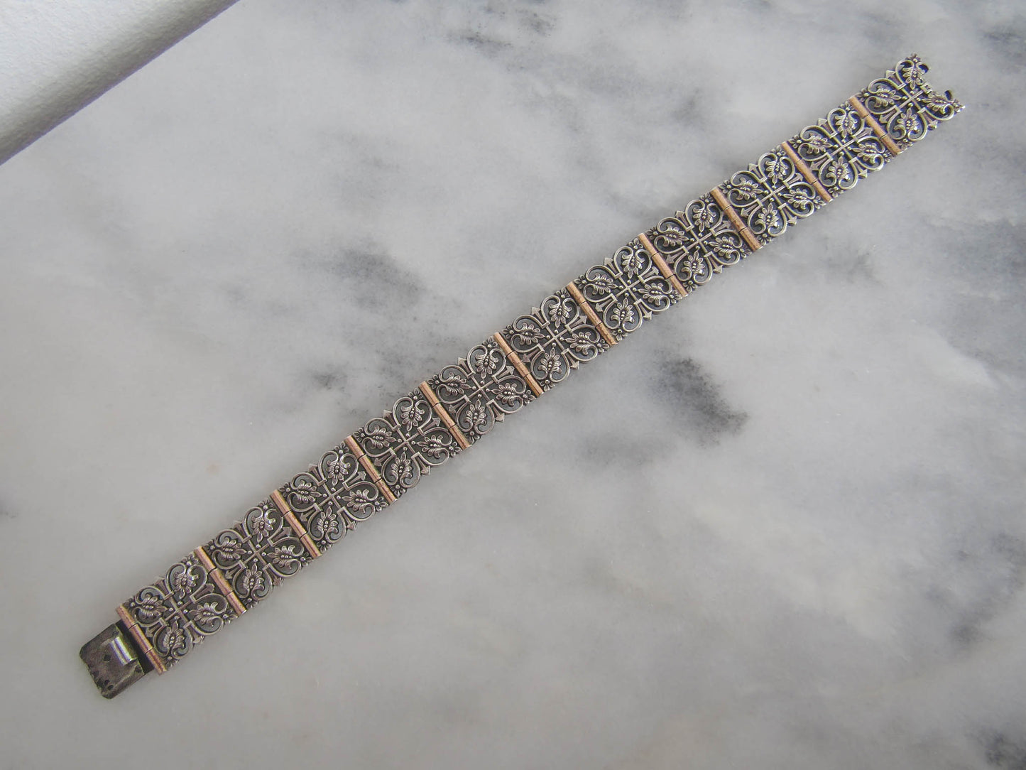 Antique French Silver Belle Epoque Link Bracelet with Leaves and Rose Gold Accents